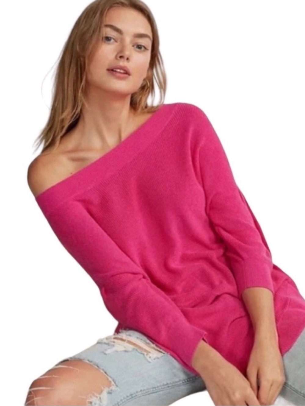 Express Hot Pink 3/4 Sleeve Cotton Blend Knit Sweater Size Small